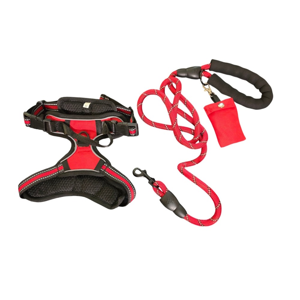 Red Reflective Dog Harness and Rope Leash Set with Waste Bag Holder‎ Size S